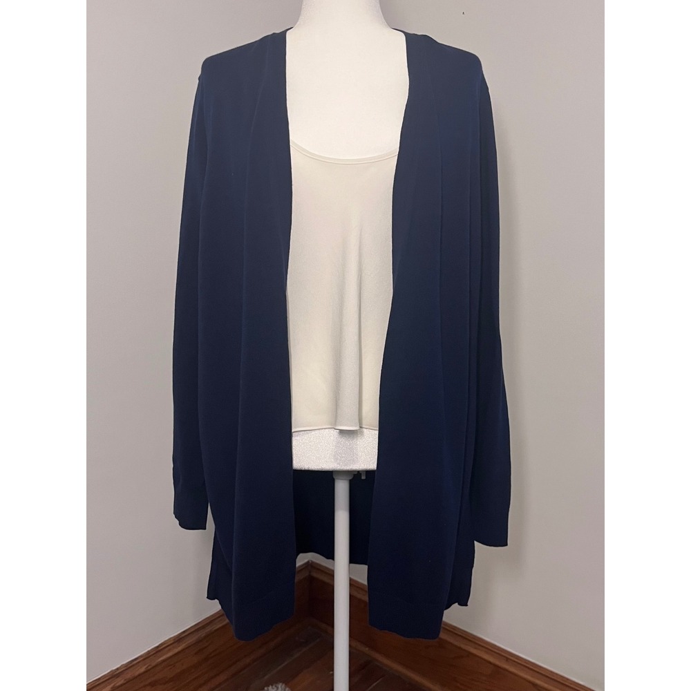 Chico's Ribbed Detail Long Cardigan Women Size 3 (16-18) Navy Blue Professional